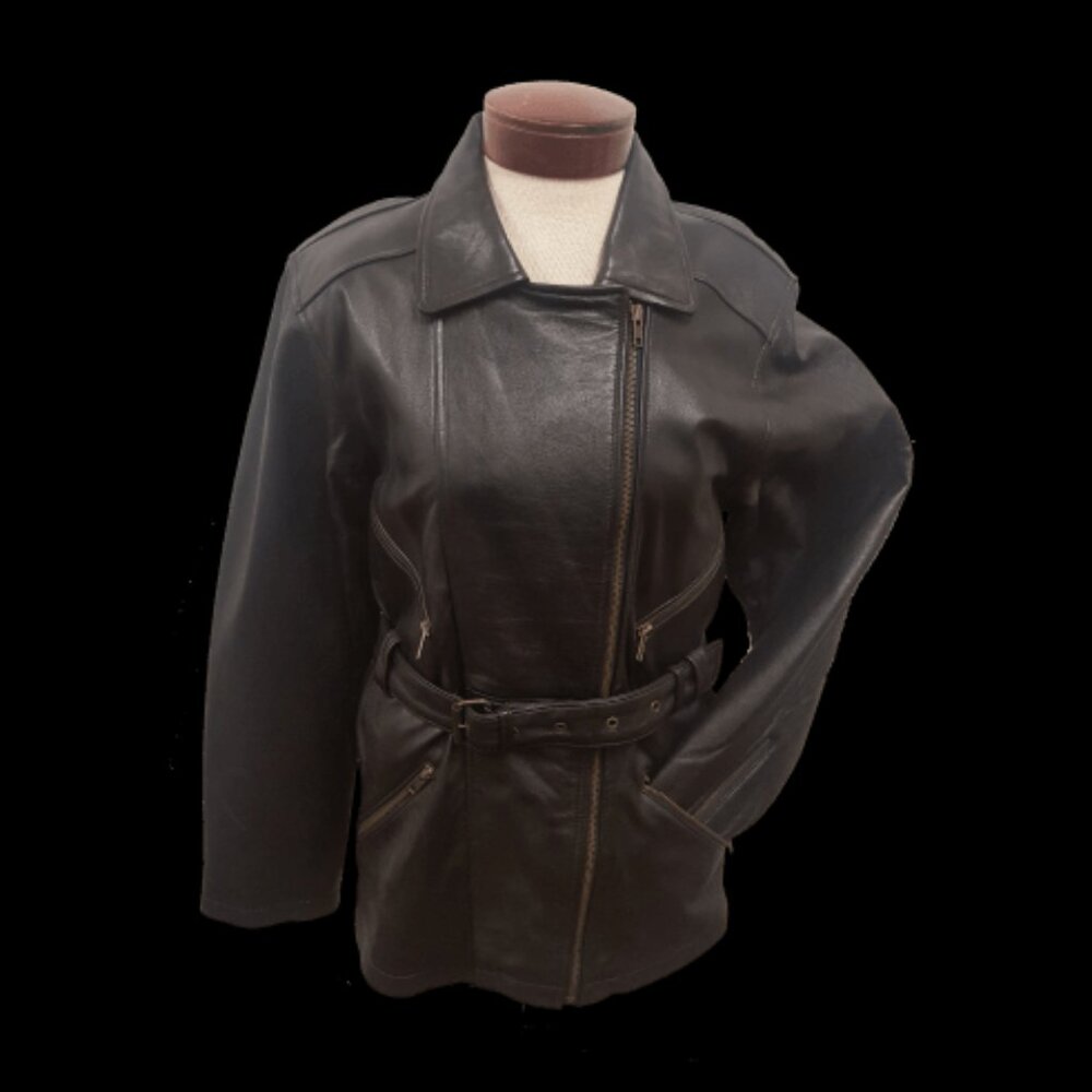 Women’s Black Moto Biker Belted Short Leather Jacket